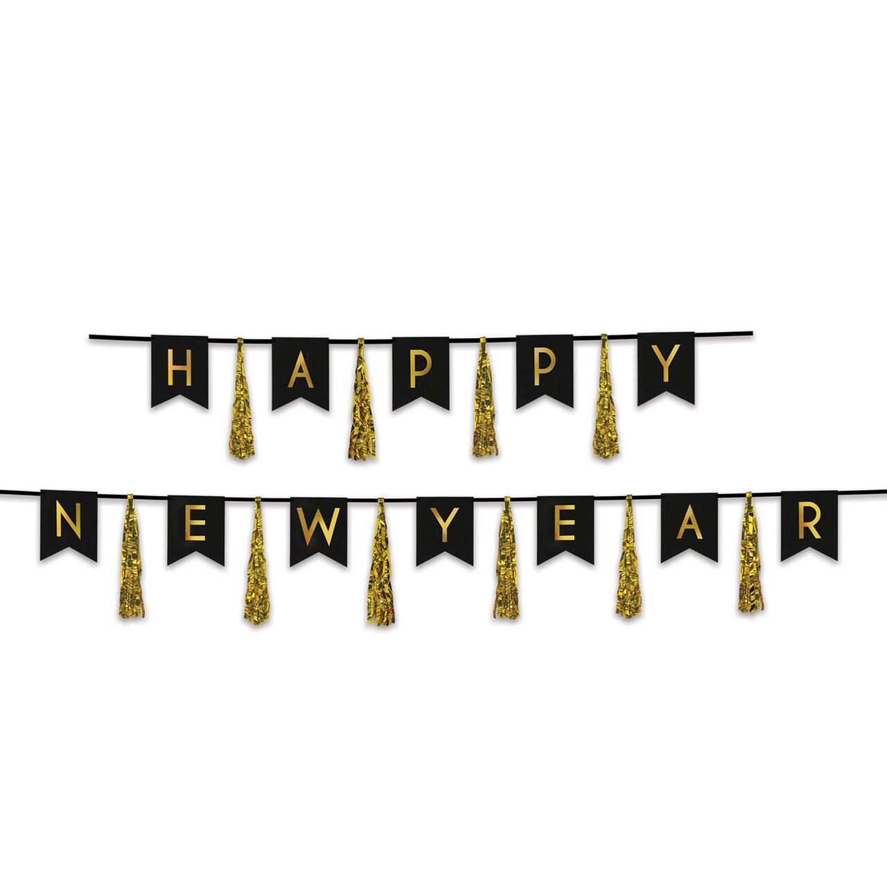 Beistle 13in. x 6Feet and 13in. x 9Feet Black Happy New Year Tassel Streamer - 12 Pack